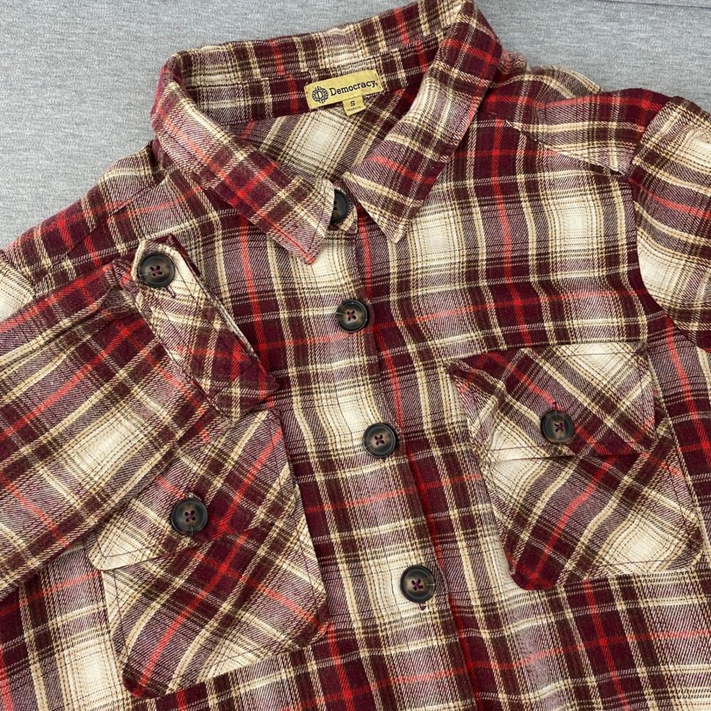 Democracy Womens S Plaid Granolagirl Flannel Button Down Raw‎ Hem Maroon Cream